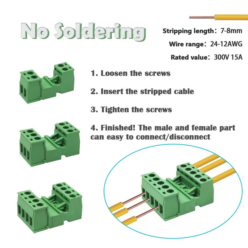 Tugermoola 20 Sets 3Pin Screw Terminal Block Connector Assortment Kit 5.08mm Pitch PCB 3Pin Connectors for 24-12AWG Cable OLA007-3PIN - Image 5